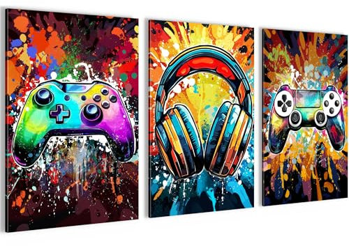 Novart Bilder Set Spielkonsole Gamer - Kein Extra Rahmen benötigt - Wandbilder für Spielzimmer Kinderzimmer Jungen Teenager - 3 Teilig Deko Bunt - N039436a