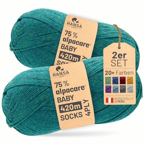 HANSA-FARM |alpacare 75% waschbare Baby Alpaka Socks 224g Set (2 x 112g) Sockenwolle kratzfreie Wolle zum Stricken & Häkeln - HF266 Blau-Gruen Melange