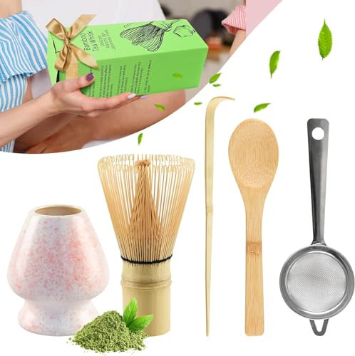 CHWNIBAY 5-Teiliges Matcha Set,Matcha Besen,Matcha Tee Set Einschließlich des Matcha Whisk,Matcha Sieb,Matcha Besen Halter,2 Matcha Löffel aus Bambus,Bestes Geschenk für Matcha-Liebhaber (Rosa)