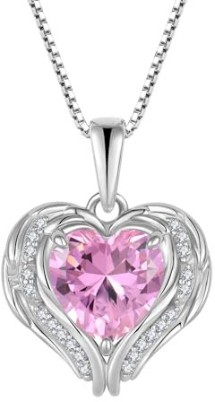 YL Collier Aile d'ange Cœur Argent 925 taillé Octobre Pierres de Naissance Tourmaline Rose Cœur Pendentif pour Femme