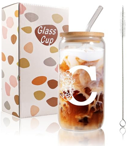 Bliceon A-Z Initial Personalised Birthday Gifts for Women, 500ml Iced Coffee Glass Cups for Mum, Friends and Sisters, Men, Dad, Iced Coffee Cup Gift with Lids and Straws (C)
