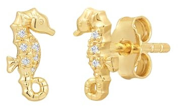 Rafaela Donata Damen Ohrstecker aus 925/- Sterling Silber gelbvergoldet 14 Karat mit Zirkonia weiß Seepferdchen