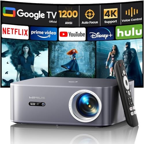 Proyector 4k【1200 ANSI/Google TV/Netflix Disney+ Oficial】 WiMiUS Proyector Full HD 1080P Nativo, Control de Voz, Auto Focus/Keystone, WiFi 6&Bluetooth 5.2 Proyector en Casa/Exterior para Movil/PS5/PC