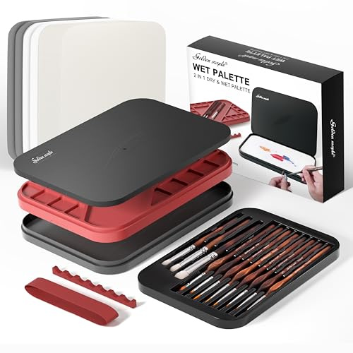 Golden Maple 2-in-1 Nass- und Trockenpalette mit Deckel – Nasspalette zum Malen von Miniaturen. Enthält: 11 Miniatur-Pinsel, 100 Blatt Palettenpapier, 4 Schwämme und Pinselhalter