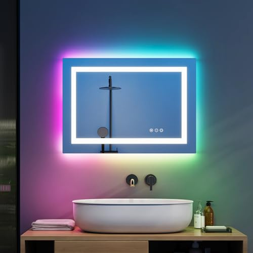 Warmiehomy RGB Bathroom Mirror with LED Lights,Rectangular 500x700cm LED Illuminated Bathroom Mirror 3 Colour Dimmable Lights Demister Pad Touch Switch,Aluminium Frame