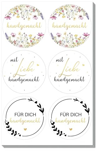 WangsLICHT Aufkleber mit Goldveredelung - Sticker für Handmade Verpackung – 60 runde XL Aufkleber (5 cm) mit liebevollen Sprüchen für Kunden， Geschenke & Mitbringsel (60 Stück (10 Bögen), handmade)