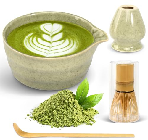 4 Pièces Matcha Kit, Ensemble Avec Cuillere, Bol Matca, Fouet a Matche,Support de Fouet à Matche, Kit Matcha Complet, Accessoire Matca Ensemble de Production de Matcha