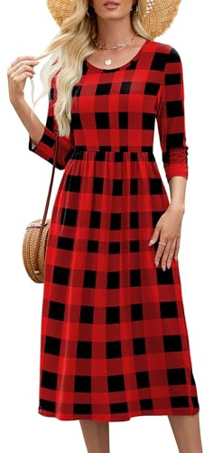 Heymoments Summer 3/4 Sleeve Sundress Midi Crew Neck T-Shirt Dress Pockets | Soft breathable fabric, 3/4 sleeve crew neck, flowy A-line midi, deep side pockets, for women beach vacation, S-2XL