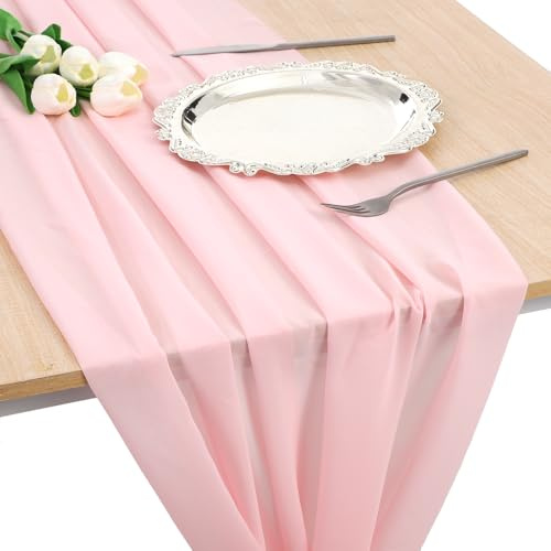 Chiffon-Tischläufer,70x300cm Tüll TischLäufer,Stoffläufer Tischdeko,Eleganter Tischläufer für Hochzeiten Veranstaltungen Tisch Dekorationen (Rosa)
