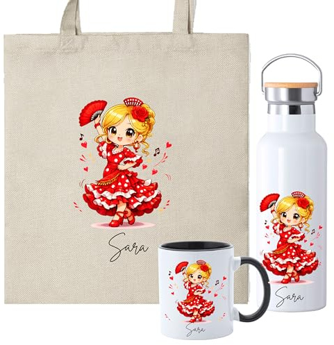 Set Personalizado de Flamenca con Bolsa de Tela, Taza Cerámica 350ml, Opción Botella Térmica, Diseño Personalizable con Nombre e Inicial, Regalo para Bailaoras de Flamenco (Flamenca Rubia)