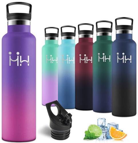 Motswedi Gourde Isotherme 750ml, avec paille, Bouteille Isotherme, 24h Froid & 12h Chaud, Gourde Inox, Thermos, Acier Inoxydable, Bouteille d'eau pour Sport, Gym, Voyage, Violet Foncé/Rose Rouge