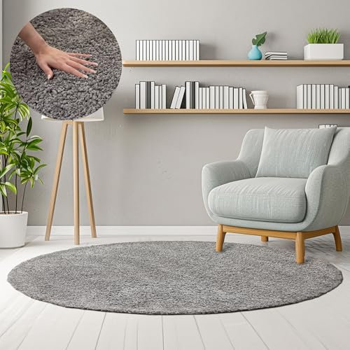 HomebyHome Teppich Rund Hochflor 160 cm Rund - Shaggy Runder Teppich Wohnzimmer Hellgrau Extra Weich und Flauschig - Waschbarer Langflor Teppiche für Schlafzimmer, Küche, Flur - Carpet, Halı, Kilim