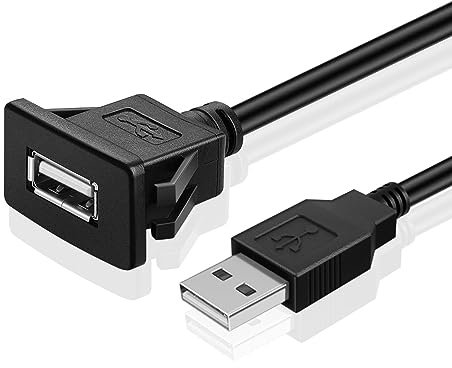 TNP USB Flush Mount Cable w/Buckle (Square)- Dashboard Panel Dash Mount 1 Port USB Socket Plug Jack Connector Extension Wire Cord Water Resistant Male to Female (1.8M / 6FT)