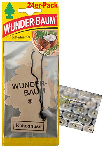 Wunderbaum 24er-Box Original Lufterfrischer Kokosnuss Duftbaum inkl. 1 x Glasreinigungstuch von SP Großhandel Gratiszugabe