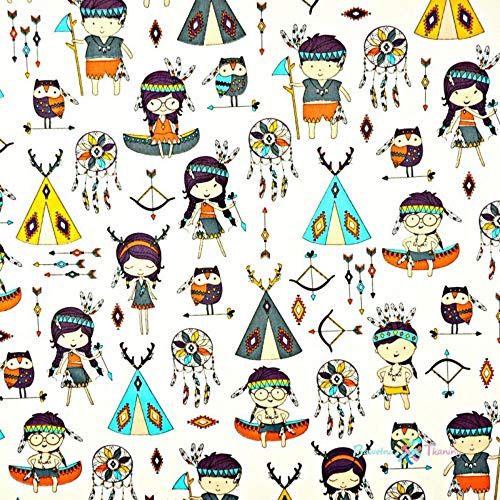 100% Baumwolle Baumwollstoff Kinder Kinderstoff Meterware Handwerken Nähen Stoff Tiermotiv 100x160cm 1 Meter (Indianer Tippi)