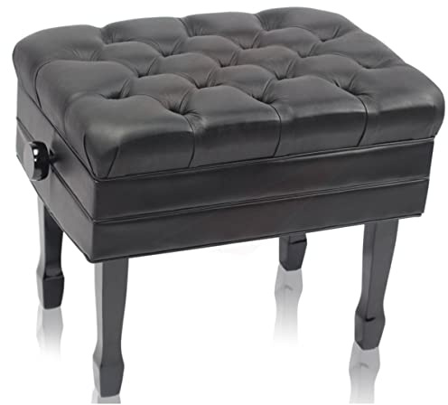 Griffin Piano Bench (Genuine Leather Plus Series) – Adjustable Ergonomic Keyboard Stool with Storage, Black Wood Frame for Home, Musicians, Guitar & Vanity Use