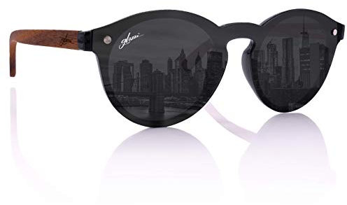 glozzi Sonnenbrille Damen Holz Polarisiert und Entspiegelt UV400 Schwarz Rund mit Holzbügeln aus Walnuss und Brillenetui aus Kork