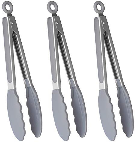 HINMAY 9-Inch Kitchen Tongs with Silicone Tips Heat Resistant Barbecue Tongs for Cooking, Baking, BBQ, Set of 3 (Grey)