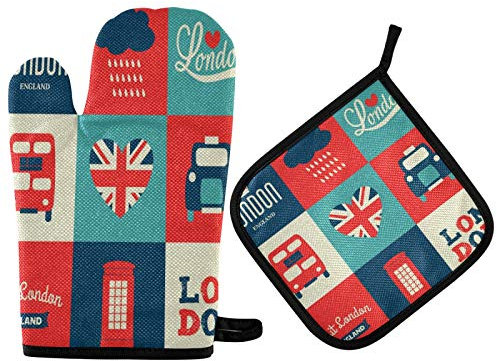 Mnsruu British Flag Union Jack London Symbols Oven Mitt and Pot Holder Set Heat Resistant Kitchen Glove for Cooking Baking Grilling Barbecue