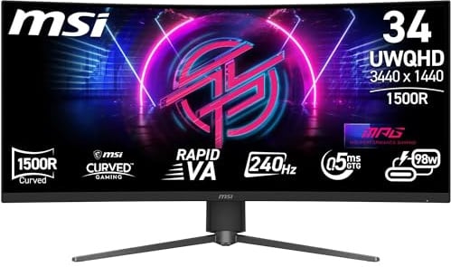 MSI MPG 346CQRXF X2 Curved Gaming Monitor 34 UWQHD - Rapid VA 1500R 3440x1440, 240Hz / 0,5ms, DisplayHDR 400, KVM, HDMI 2.1, DP 1.4a, USB Type-C, randlos, Höhe und Neigung einstellbar