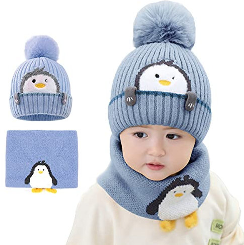 auvstar Kinder Jungen Mädchen Mütze Schal Set,wintermütze Baby Winter Herbst Kinder Beanie Strickmütze mit Bommel Warm verdicken gefüttert,Beanie Hut Schal Set für Kinder 1-3 Jahre