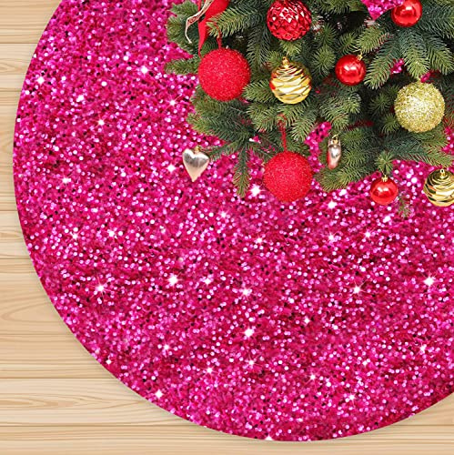 Falda de árbol de Navidad rosa intenso de 46 pulgadas, falda de árbol de Navidad con lentejuelas brillantes, falda de árbol de Navidad fucsia para Acción de Gracias con cubierta de árbol bordada,