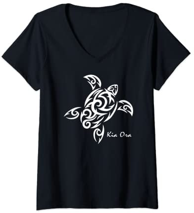 Damen Symbol Schildkröte Neuseeland Kia Ora Culture Haka Maori Dance T-Shirt mit V-Ausschnitt