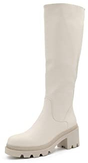 QUEEN HELENA Stivali Alti con Tacco Zip Laterale Casual Comodi con Plateau Invernali Donna X27-120 (Beige, Numeric_41)