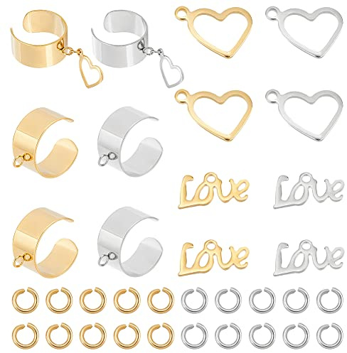 UNICRAFTALE 2 colores 6 1/2 DIY Kit de Fabricación de Anillos de Puño Que Incluye 8 piezas de Anillo de Acero Inoxidable En Blanco con Bucle 4 piezas de Dijes de Corazón 4 piezas de Colgantes de Amor