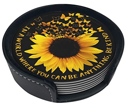 Untersetzer mit Schmetterlings- und Sonnenblumen-Motiv, Leder-Untersetzer, für Getränke, saugfähig, mit Aufbewahrungsbox
