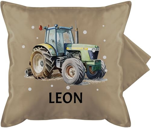Kissenbezug - Trecker Name I Trecker Fan I Traktor Geschenk personalisiert I Geschenk Landwirt - 50 x 50 cm - Beige Natur - traktorkissen personalisiertes Kissen Bulldog Leon baumwollkissen