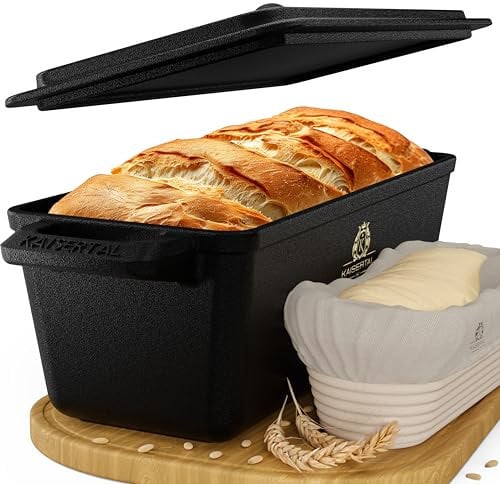 KAISERTAL - Moule à pain en fonte avec couvercle et panier de fermentation - 28 cm - Robuste - Idéal comme moule à pain, boîte à pain, moule à pain et moule à pain - Accessoires de cuisson inclus