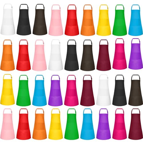 BOUBONI 36 Pack Kids Apron Bulk with 2 Pockets Adjustable Chef Art Apron Kids Painting Aprons for Cooking Baking Painting Crafting Grilling Activity（12 Color）