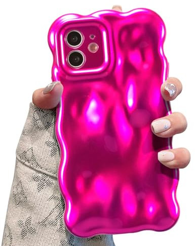 UEEBAI Case for iPhone 11 6.1 inch, Cute Solid Color Curly Wave Shape Shockproof Soft TPU Bumper Phone Case, Candy Color Water Ripple 3D Silicone Slim Pretty Case Non-yellowing Cover, Hot Pink