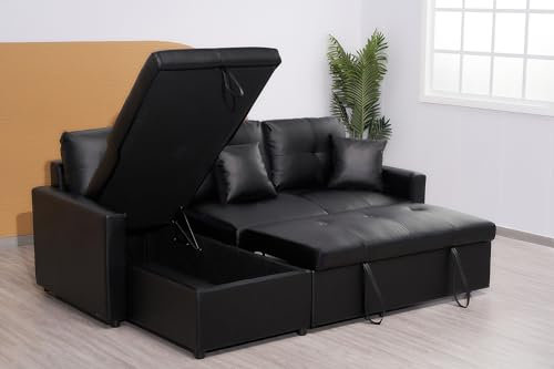 Black Bonded Leather Sofa Bed With Storage - L Shaped 3 Seater pull Out For Living Room Furniture -Convertible Click Clack- (RIGHT HAND SIDE)