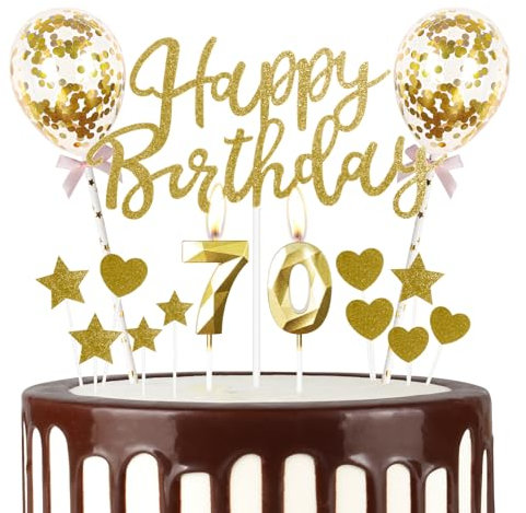 mciskin Gold 70th Birthday Decorations for Women Men,3D Number 70 Candle for Cake,Gold Cake Toppers for Women Men,Glitter Happy 70th Birthday Cake Toppers Balloons for Party Decorations Supplies