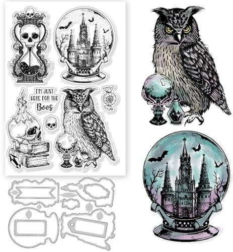 GLOBLELAND Halloween Magie Thema Kristallkugel Eulen Kerzen Stanzformen Mit Magische Kristallkugel Eulen Kerzen, Transparente Stempel Für DIY Scrapbooking, Fotoalbum, Prägung