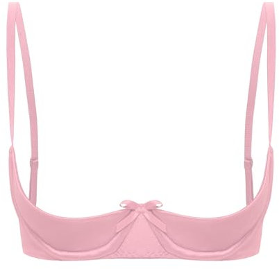 FEESHOW Women Sexy 1/4 Cup Bra Push Up Bralette Underwire Satin Bra Open Breast Brassiere Underwear Pink M