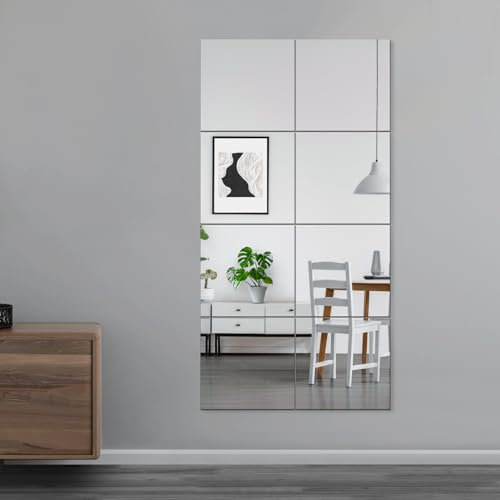 EVENLIVE® Full Body Mirror Tiles, Frameless Length Wall Mirror, for Home Gym, Door, Bedroom, Ease of Installation 30cm x 30cm 8 PCS(Glass)