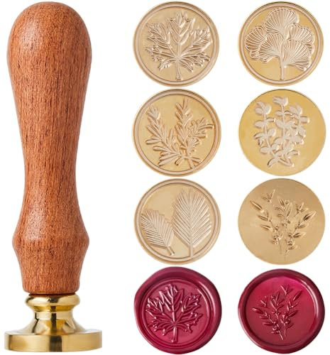 CRASPIRE Wachssiegel-Stempel-Set, 6 Stück, 25 mm, Messingkopf + 1 Holzgriff, Ahorn, Rosmarin, Eukalyptus, Ginkgoblätter, abnehmbarer Hochzeitsumschlag, Umschläge, Einladungen, Geschenkverpackung,