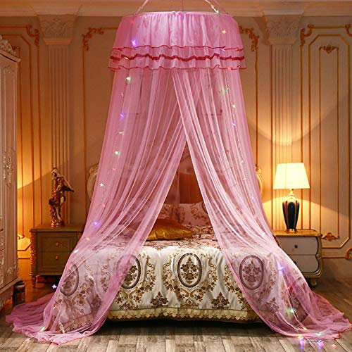 Eleganter runder Kuppel-Betthimmel, Prinzessinnen-Betthimmel mit LED-Licht, Himmelbettvorhänge, Moskitonetz für Bett (Rosa)