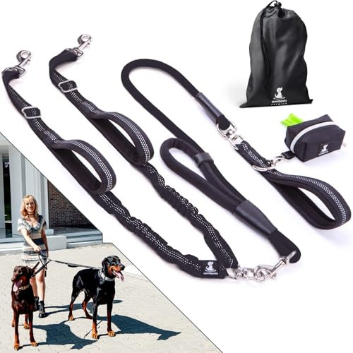 Premium Doppel-Leine für Zwei Hunde - Stoßdämpfende Anti-Zieh-Doppelleine für mittlere & große Rassen mit Verstellbarer Doppel-Leinenbefestigung für 2 Hunde