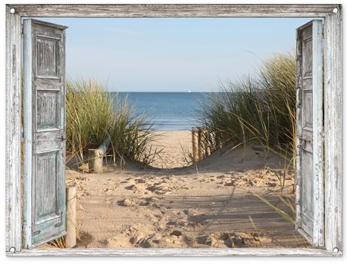 MuchoWow© Gartenposter Groß 120x90 cm XXL Outdoor Bilder Gartendeko für draußen Wetterfest Garten Sichtschutz Terrasse Deko Banner Draußen Bild Düne - Strand - Fenster - Sommer