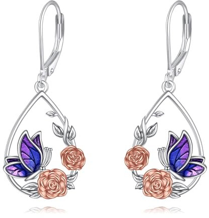 Kolibri/Biene/Schmetterling/Libelle Ohrringe für Damen 925 Sterling Silber Gänseblümchen Hängend Ohrhänger für Mädchen Vogel Schmuck Geschenk (Rose tropft Ölschmetterling)