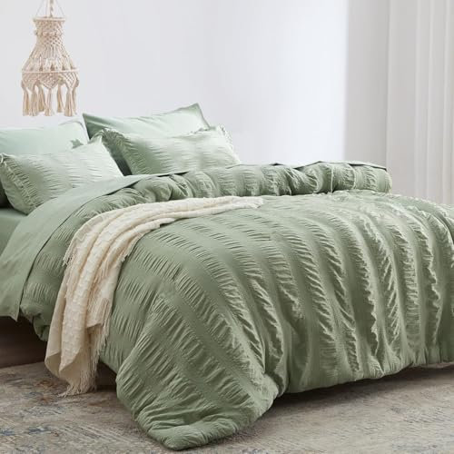 Tospass Housse de Couette Seersucker 140x200 cm Vert Sauge + 1 Taies d'oreiller 65x65 cm Gaufré Rayée Rayures Parure de Lit 1 Personne Adulte Linge de lit Microfibre Réversible avec Fermeture Éclair