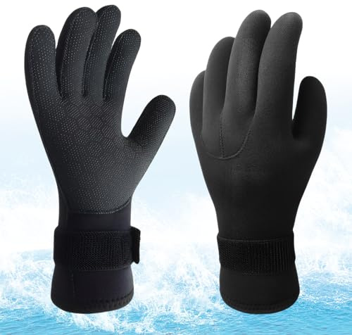 Catime Neoprenhandschuhe 3mm, Neopren Tauchhandschuhe, Thermohandschuhe mit Verstellbarer Handschlaufe, 5-Finger rutschfeste Schwimmhandschuhe für Tauchen Schnorcheln Kajakfahren Surfen (L)