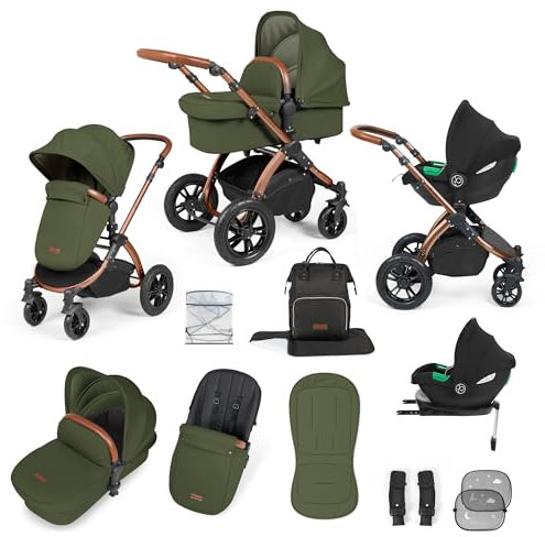Ickle Bubba Stomp Luxe 12pc Travel System with i-Size Cirrus Car Seat & ISOFIX Base – All-Terrain Pram, Reversible Seat, Carrycot, UPF 50+ Hood, Rain Cover & Accessories (Bronze/Woodland/Tan)