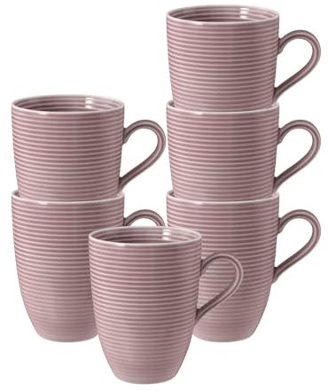 Seltmann Weiden Beat Color Glaze Becher mit Henkel 6er Set, 350 ml, Kaffeebecher mit Rillen-Relief, Porzellan, Altrosa