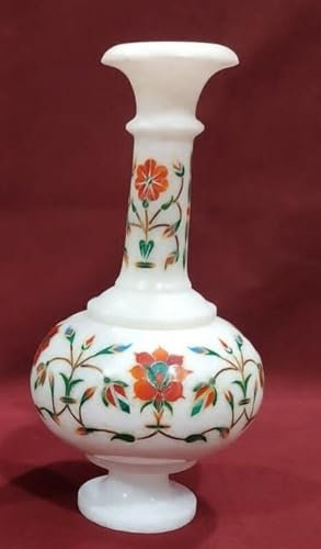 Dekorative Blumenvase aus weißem Marmor, Malachit und Karneol, 15,2 cm, für Restaurant und Hotel