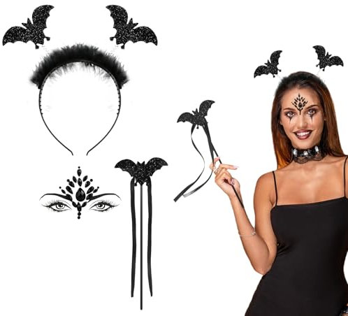 IHONYI Halloween Fledermaus Haarreif, Halloween Haarreifen Accessoires für Damen Herren Kinder, Halloween Fledermaus Kostüm mit Gesicht Glitzersteine, Zauberstab, Fasching & Karneval Party